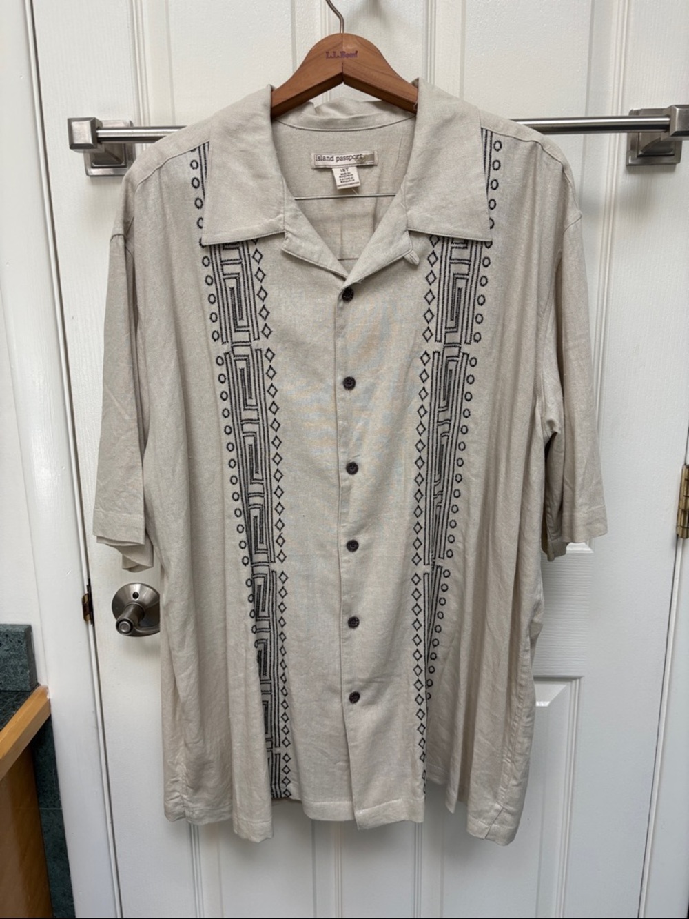 Island Passport short-sleeve button-down shirt with embroidered panels.